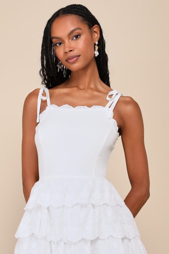 Lulus Endlessly Ideal White Eyelet Embroidered Tiered Midi Dress In White