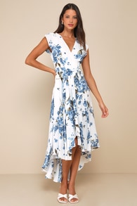 French Countryside White Floral Print High-Low Dress 8