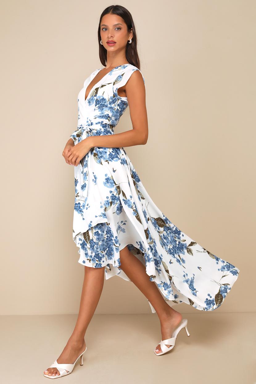 Lovely White Floral Print Dress - High-Low Wrap Dress - Lulus