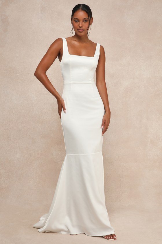 Lulus Luxe Loveliness White Satin Backless Mermaid Maxi Dress In White