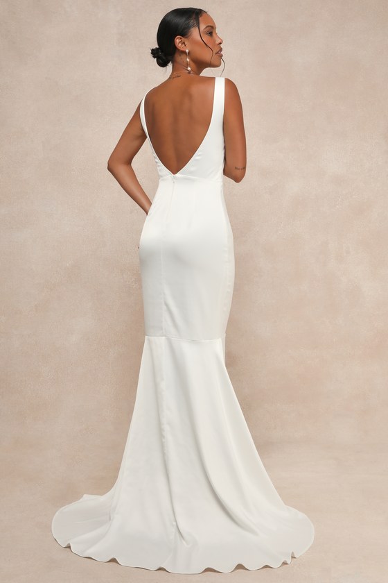 Lulus Luxe Loveliness White Satin Backless Mermaid Maxi Dress In White