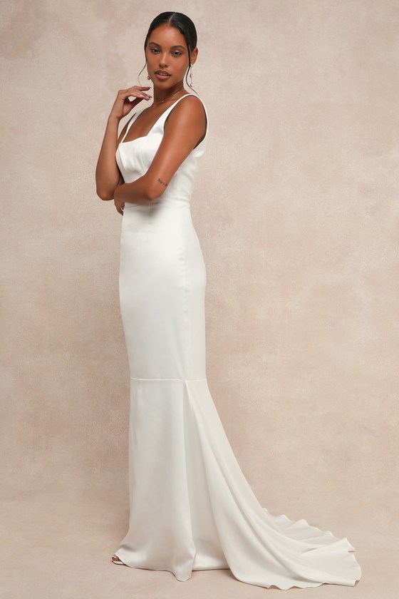 Lulus Luxe Loveliness White Satin Backless Mermaid Maxi Dress In White