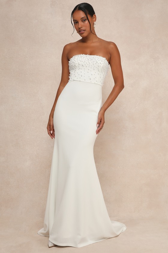 White Pearl Gown - Strapless Pearl Gown - Mermaid Maxi Dress White Pearl Gown - Strapless Pearl Gown - Mermaid Maxi Dress