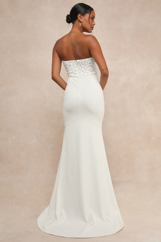 Remarkably Lovely White Pearl Strapless Mermaid Maxi Dress 3