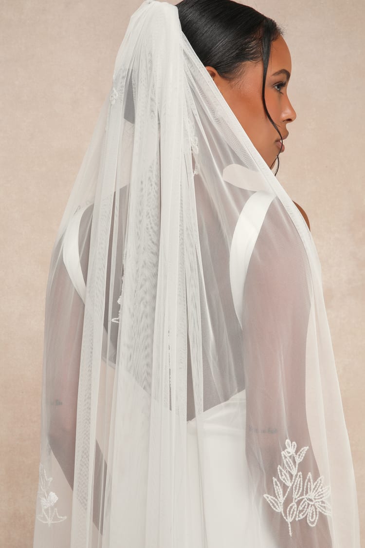 Perfect Details White Beaded Floral Cathedral-Length Mesh Veil
