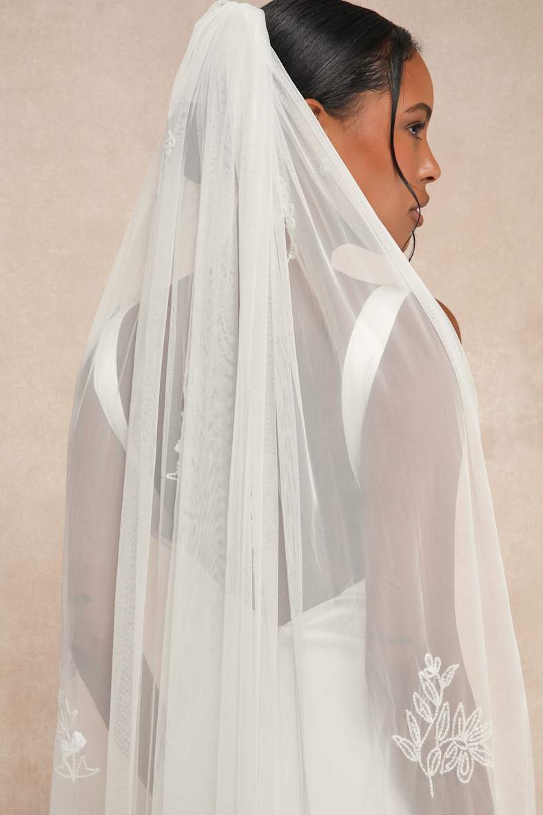 Perfect Details White Beaded Floral Cathedral-Length Mesh Veil