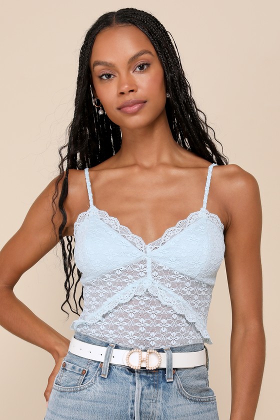 Exceedingly Flirty Light Blue Lace Sheer Sleeveless Bodysuit 2