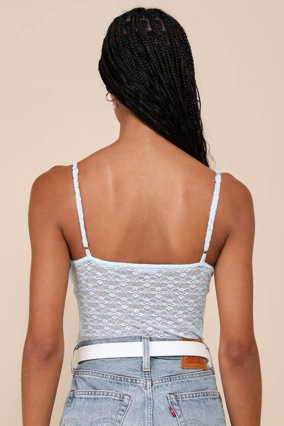 LULUS EXCEEDINGLY FLIRTY LIGHT BLUE LACE SHEER SLEEVELESS BODYSUIT