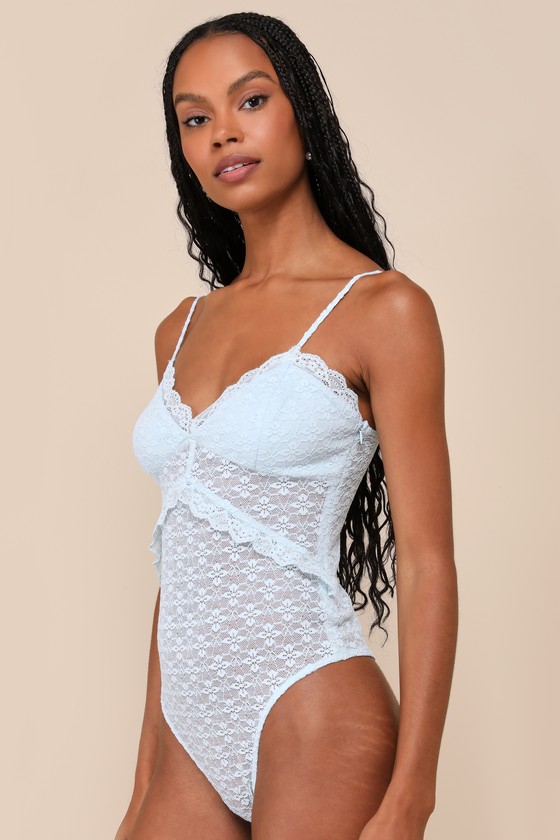 LULUS EXCEEDINGLY FLIRTY LIGHT BLUE LACE SHEER SLEEVELESS BODYSUIT