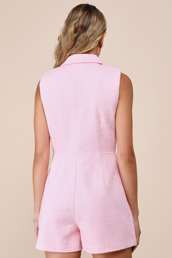 Steve Madden Paris Light Pink Tweed Collared Romper In Light Pink