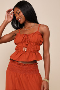 Exceedingly Effortless Rust Orange Ruffled Sleeveless Top 1