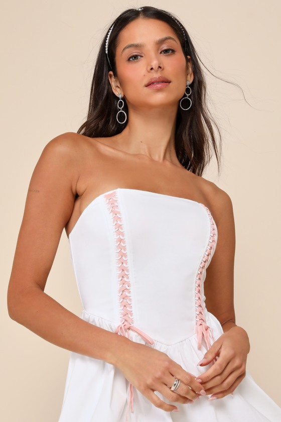 White Lace-Up Dress - Bubble-Hem Mini Dress - Strapless Dress - Lulus