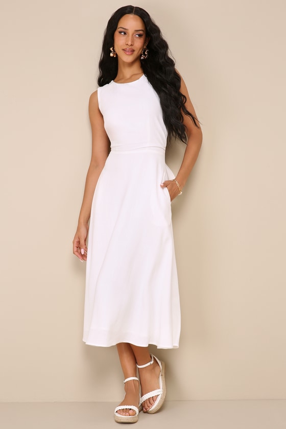 Sunny Energy White Linen Lace-Up Midi Dress with Pockets 2
