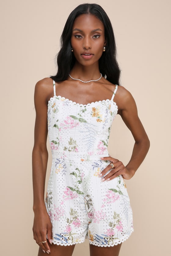 Cute Poise White Multi Floral Eyelet Embroidery Romper