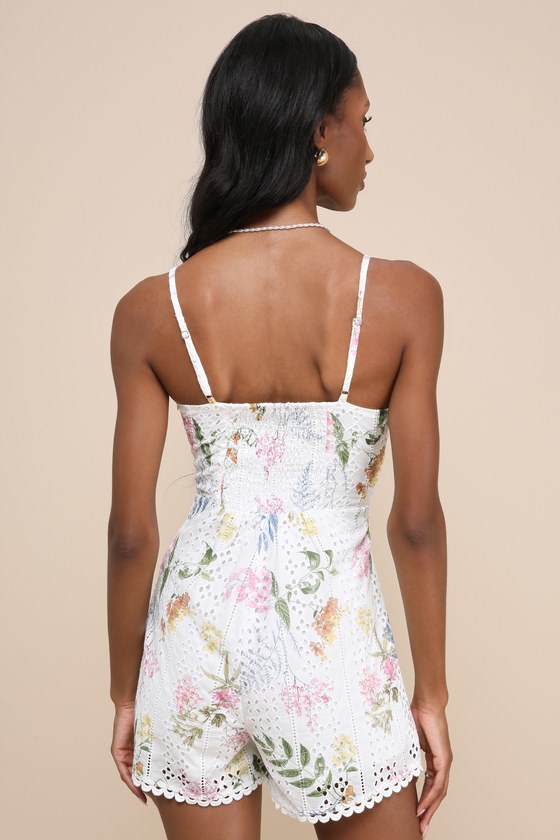 Lulus Cute Poise White Multi Floral Eyelet Embroidery Romper In White