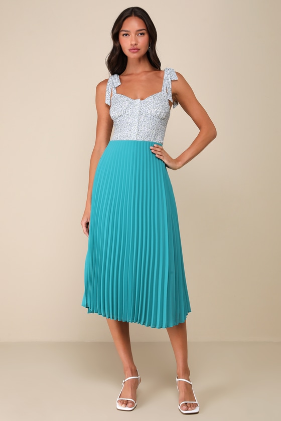 LULUS CHARMING MOTIVATION TURQUOISE PLEATED HIGH-WAISTED MIDI SKIRT