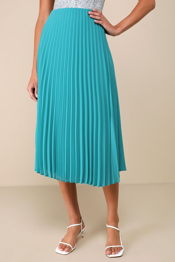 LULUS CHARMING MOTIVATION TURQUOISE PLEATED HIGH-WAISTED MIDI SKIRT