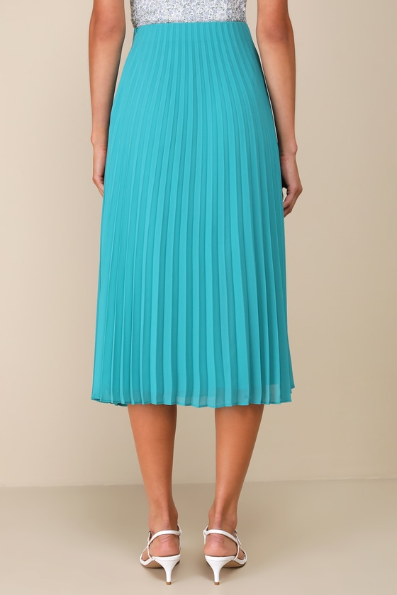 LULUS CHARMING MOTIVATION TURQUOISE PLEATED HIGH-WAISTED MIDI SKIRT