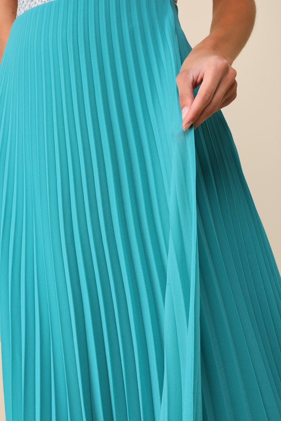 LULUS CHARMING MOTIVATION TURQUOISE PLEATED HIGH-WAISTED MIDI SKIRT