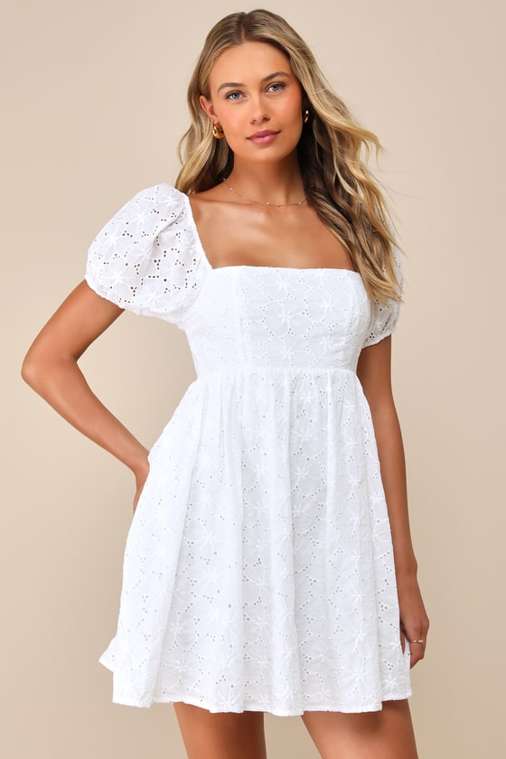 Fit to Frolic White Eyelet Lace Puff Sleeve Babydoll Dress 6