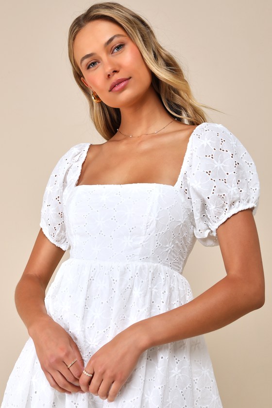 Fit to Frolic White Eyelet Lace Puff Sleeve Babydoll Dress 7