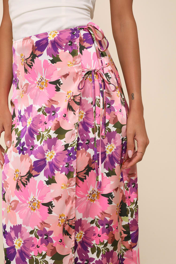 Pink Multi Floral Skirt - Faux Wrap Skirt - Side-Tie Midi Skirt 