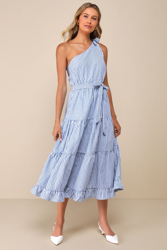 Gleeful Getaway Blue and White Striped One-Shoulder Midi Dress 5