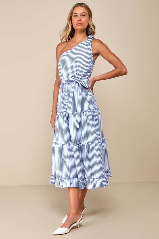 Blue and White Striped Dress - Tiered Dress - One-Shoulder