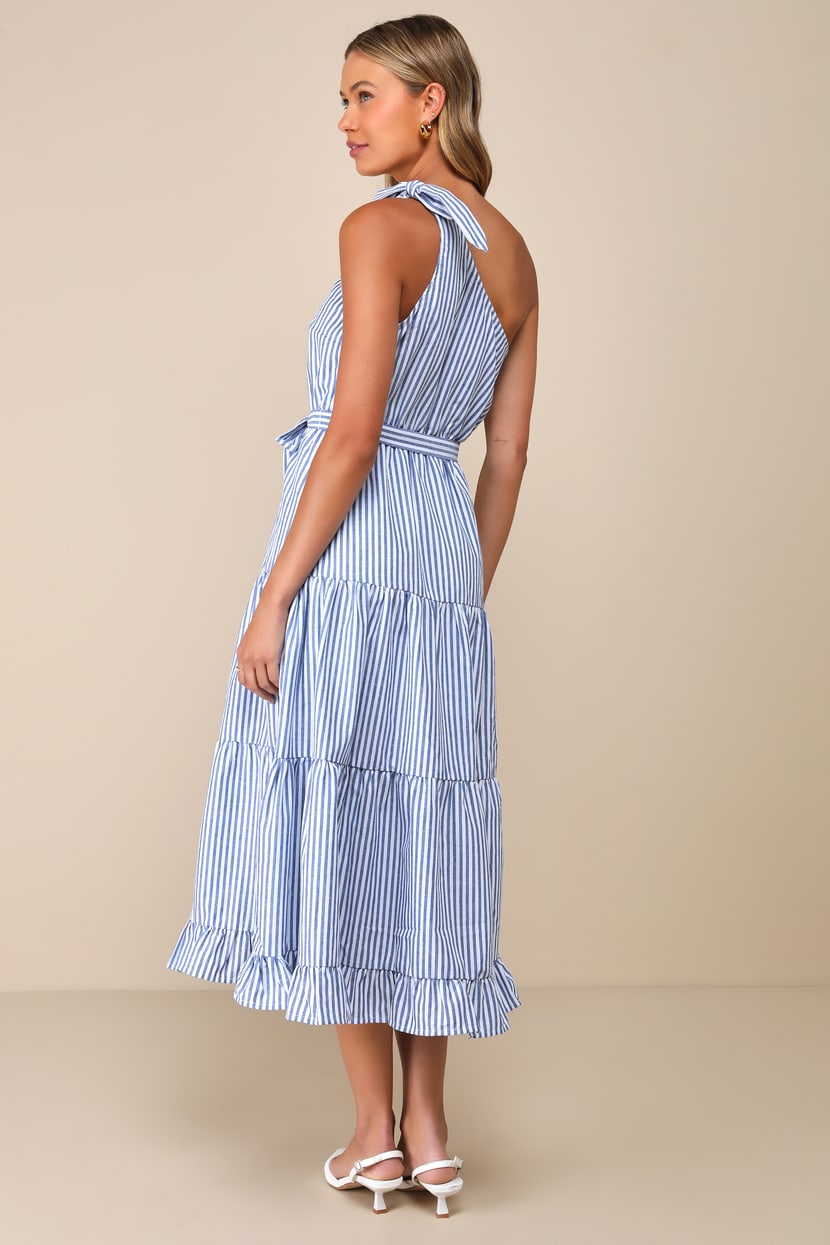 Blue and White Striped Dress - Tiered Dress - One-Shoulder Dress - Lulus