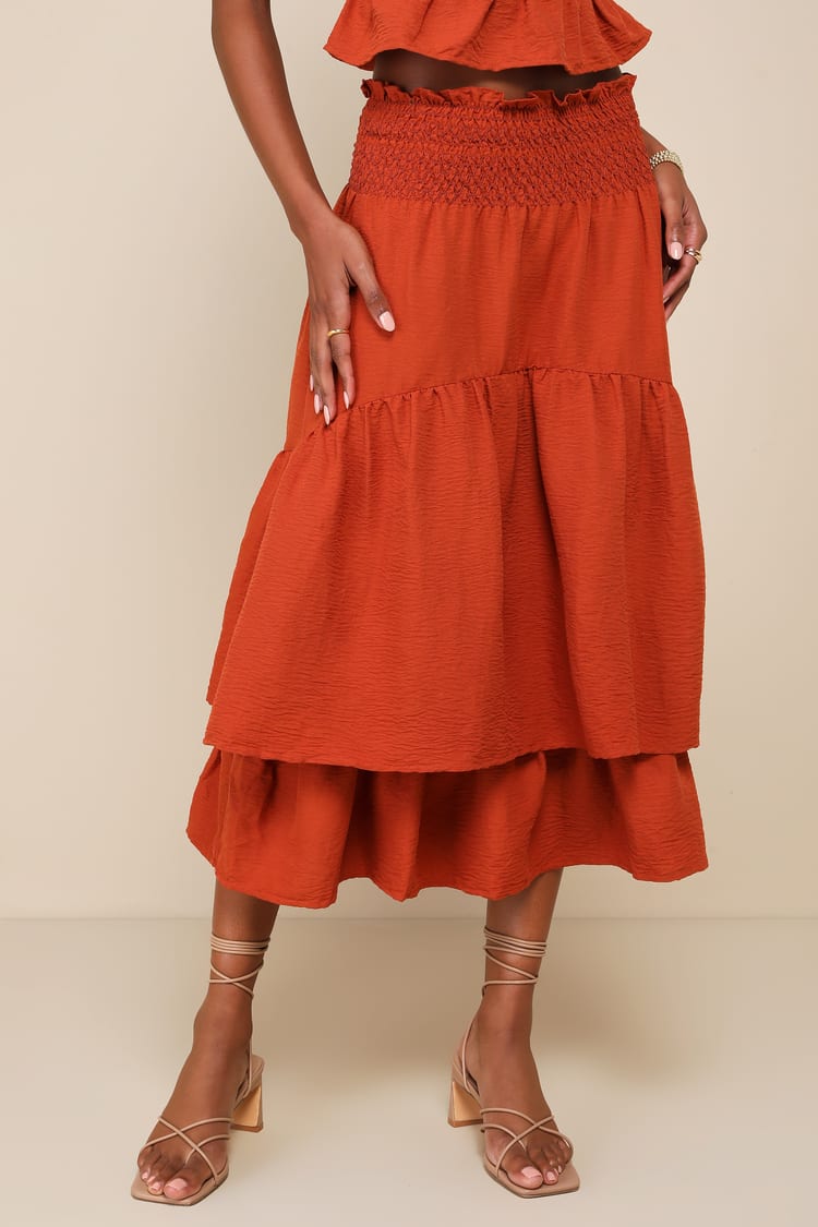 Exceedingly Effortless Rust Orange Smocked Tiered Midi Skirt