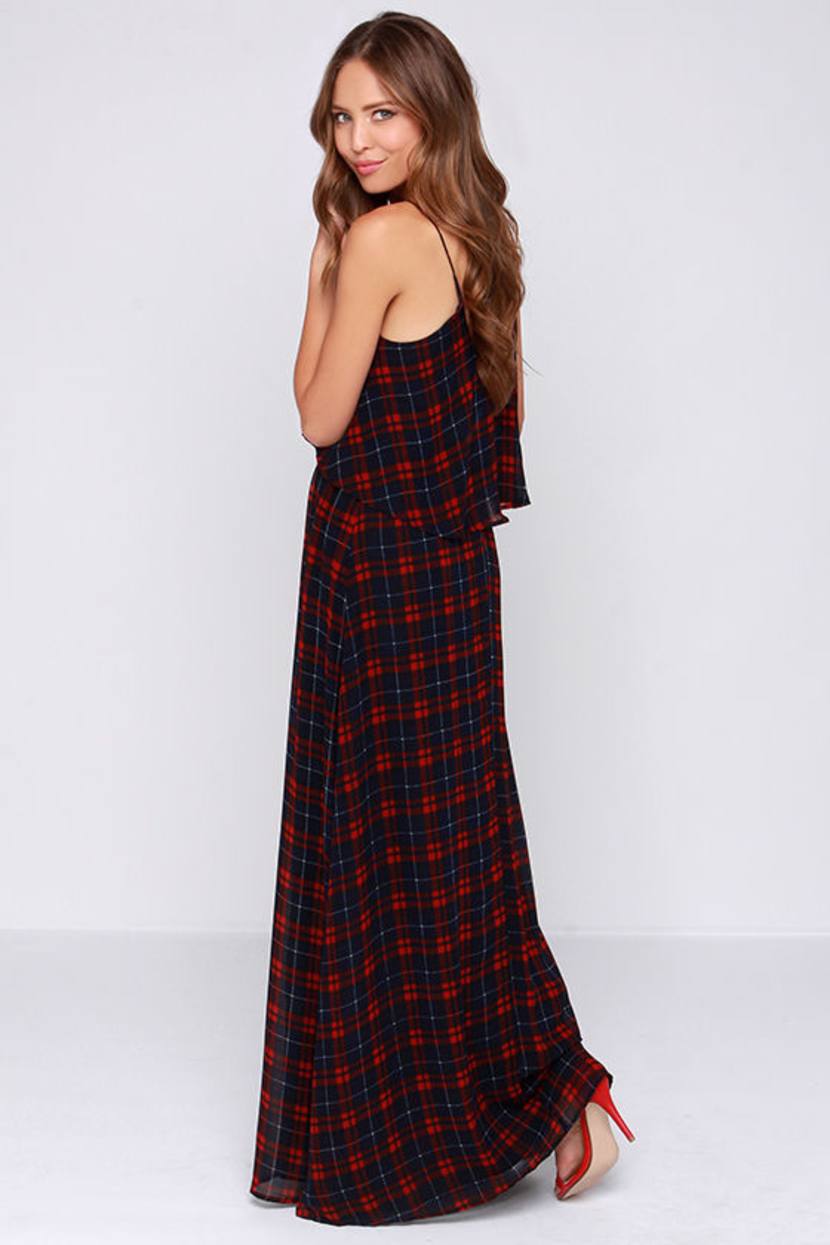 chinese dress ladies 70s Red Plaid Wool Maxi Dress