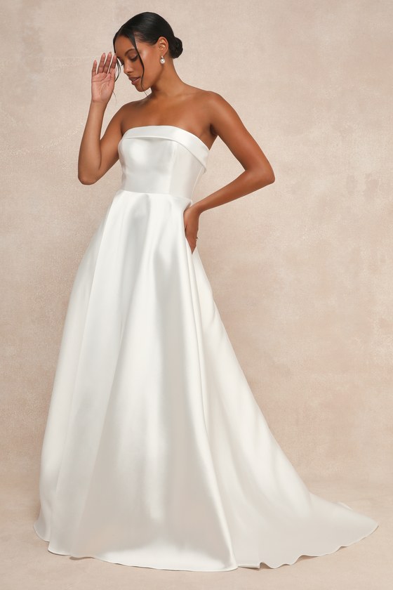 Your Beloved White Taffeta Bow Strapless A-Line Gown 5