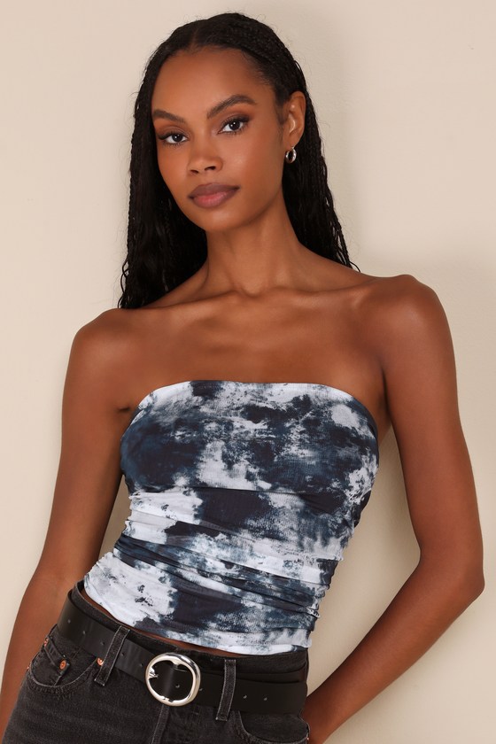 Lulus Flirty Focus Dark Blue Abstract Print Mesh Strapless Crop Top In Dark Blue