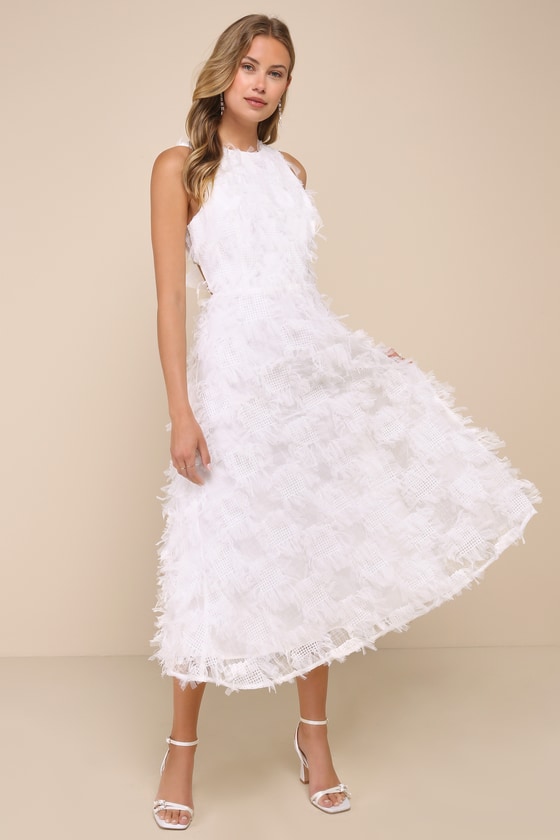 Uniquely Delightful White Textured Patchwork Backless Midi Dress 2