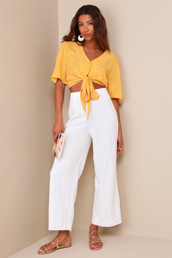 White Straight Leg Pants - Crochet Lace Pants - High-Rise