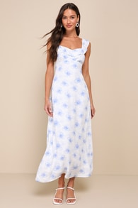 Exceptionally Lovely White and Blue Floral Ruffled Midi Dress 5