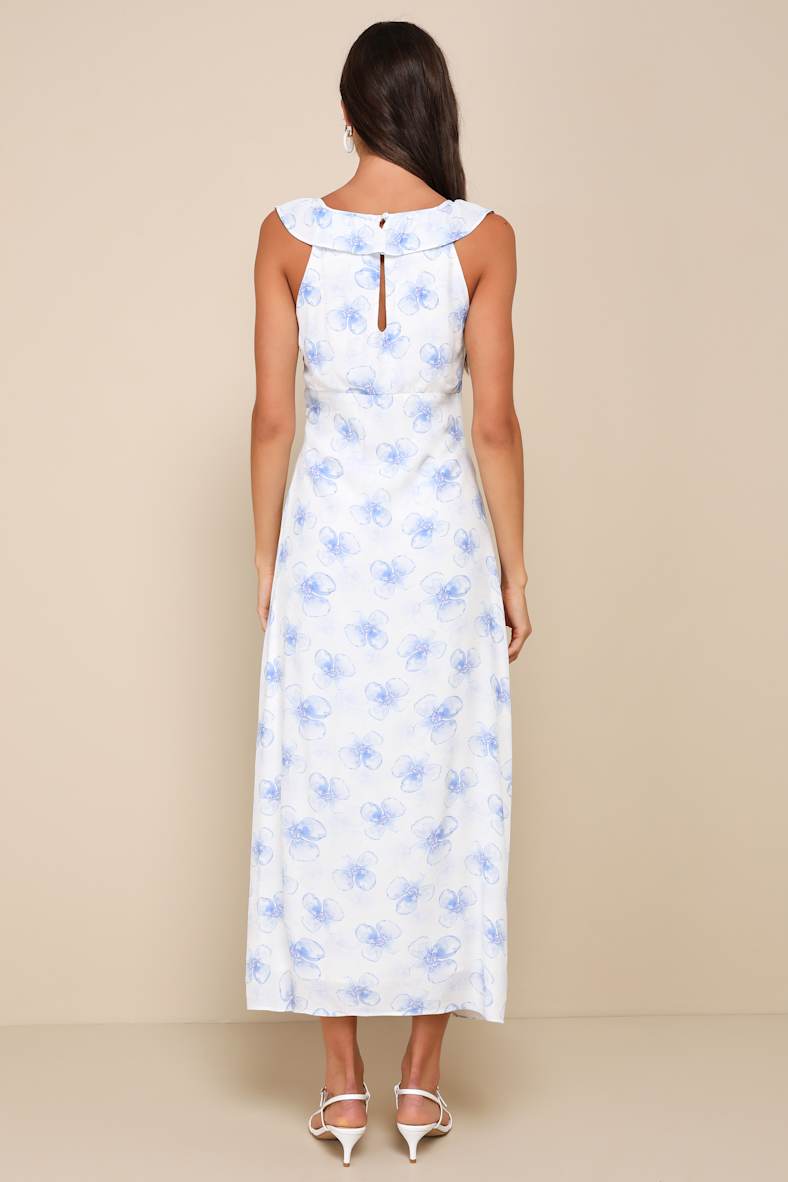 Exceptionally Lovely White and Blue Floral Ruffled Midi Dress
