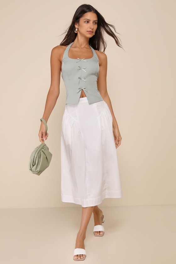 Simple Loveliness White A-Line Midi Skirt With Pockets 1