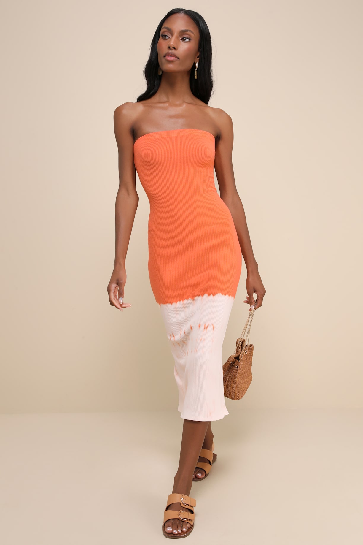 Outstanding Cutie Orange Ombre Ribbed Strapless Midi Dress