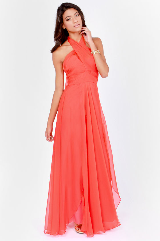 coral red gown