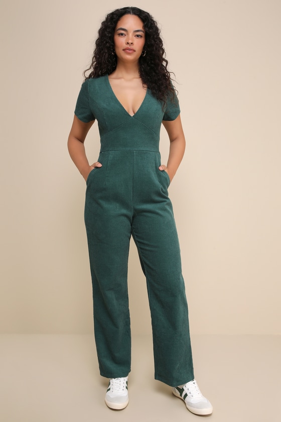 Absolute Cutest Dark Green Corduroy Short Sleeve Jumpsuit