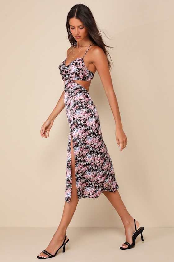 LULUS UNREAL CHARISMA BLACK FLORAL PRINT SATIN CUTOUT MIDI DRESS