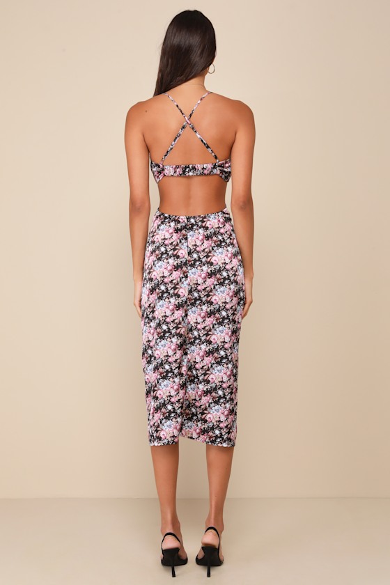 LULUS UNREAL CHARISMA BLACK FLORAL PRINT SATIN CUTOUT MIDI DRESS