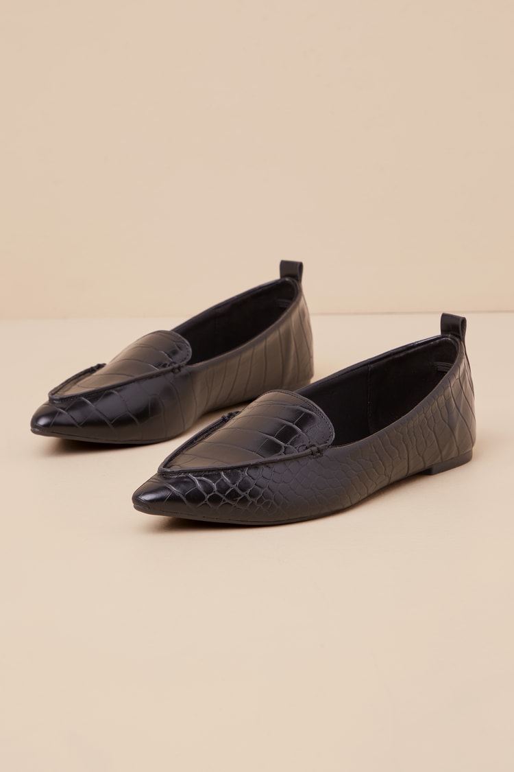 Emmy Black Crocodile-Embossed Pointed Loafers
