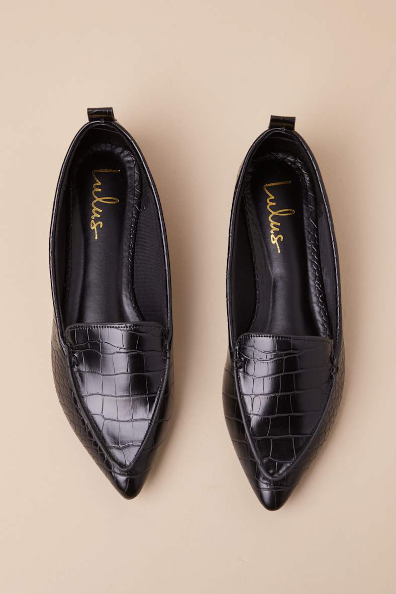 Emmy Black Crocodile-Embossed Pointed Loafers