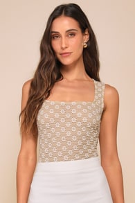 Majorly Delightful Beige and Ivory Floral Textured Tank Top 1