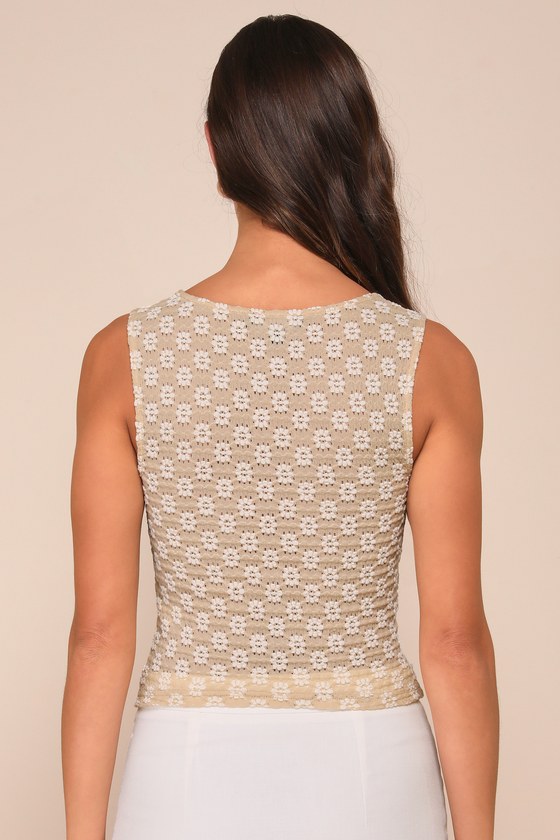 Majorly Delightful Beige and Ivory Floral Textured Tank Top 2