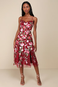 Charmingly Sophisticated Burgundy Tulle Embroidered Midi Dress 4