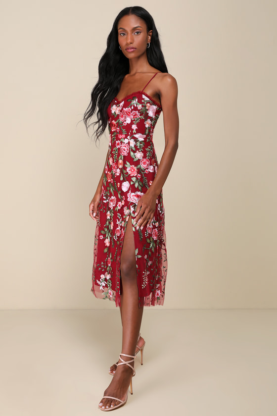Lulus Charmingly Sophisticated Burgundy Tulle Embroidered Midi Dress In Burgundy
