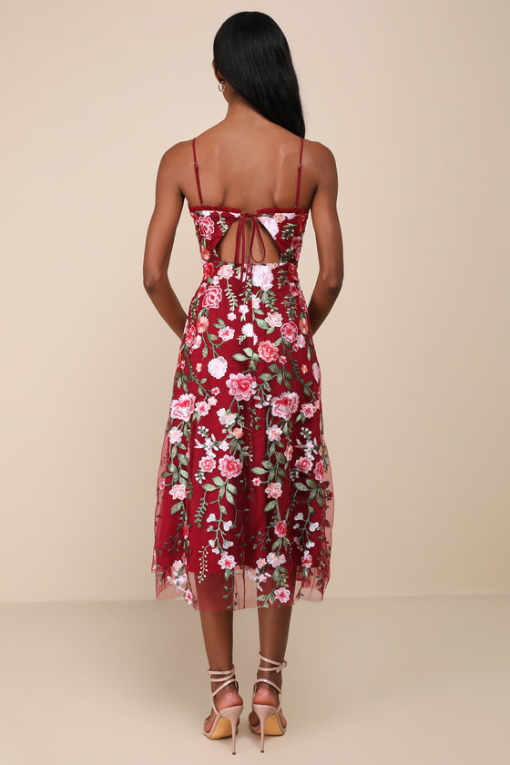 Lulus Charmingly Sophisticated Burgundy Tulle Embroidered Midi Dress In Burgundy